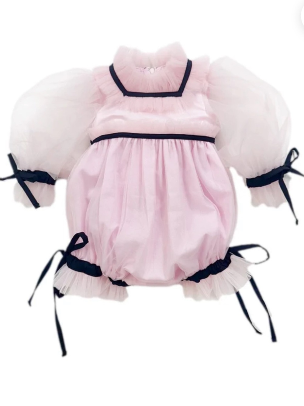 Baby Girls Pink Puff-Sleeve Formal Dress with Black Trim